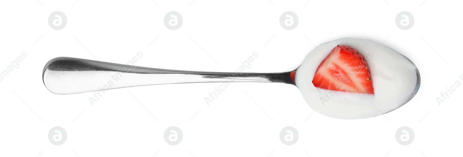 Photo of Delicious natural yogurt with fresh strawberry in spoon isolated on white, top view