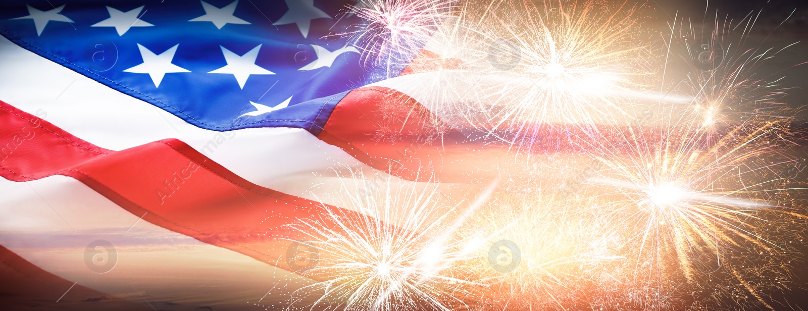 Image of American flag and fireworks, banner design. Independence Day of USA