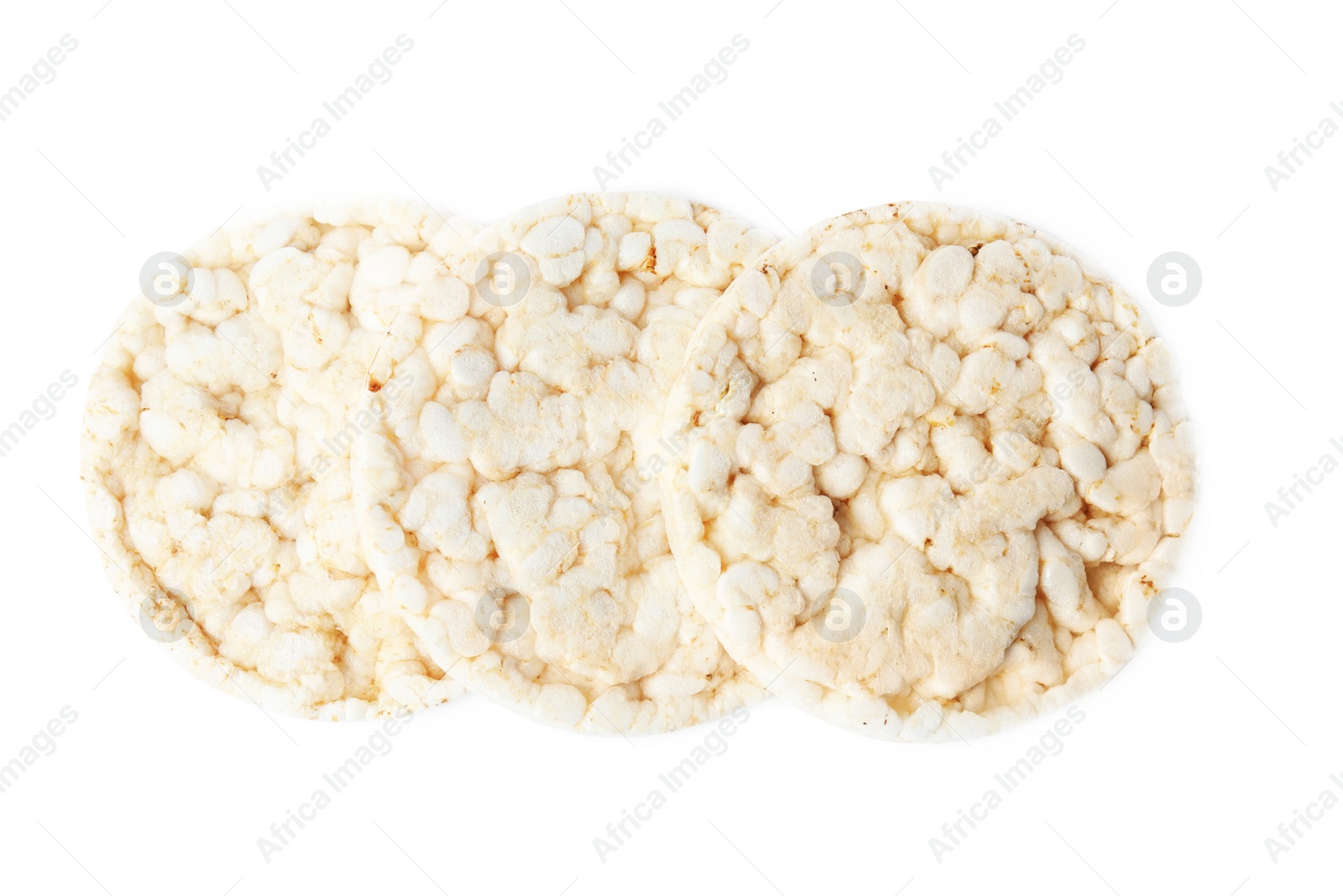 Photo of Crunchy rice cakes isolated on white, top view