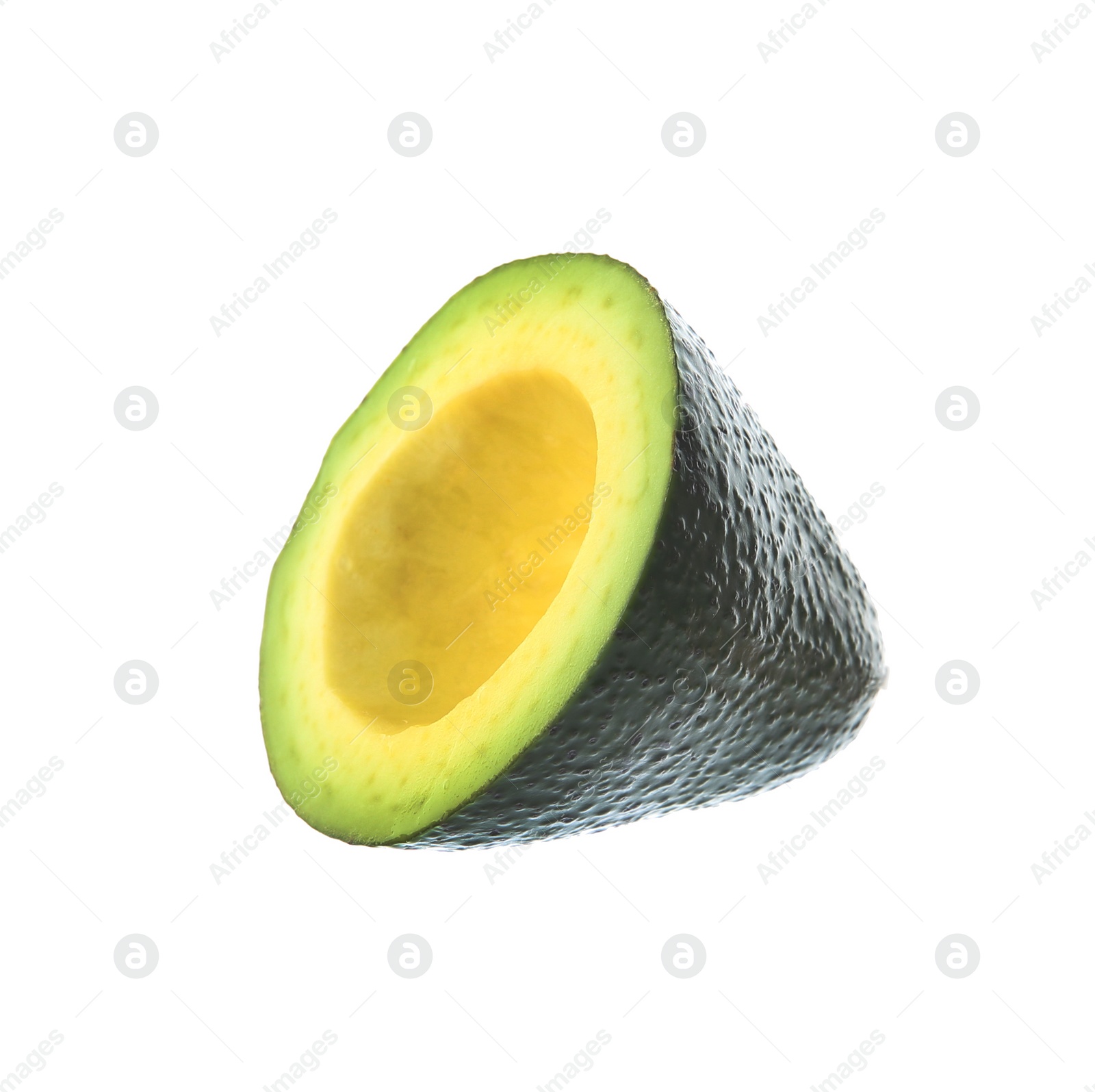 Photo of Slice of ripe avocado on white background