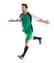 Photo of Young football player celebrating scoring of goal on white background