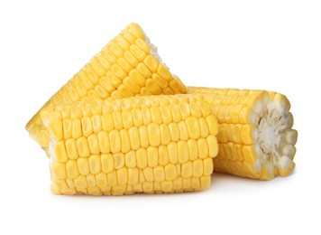 Pieces of fresh corncob on white background