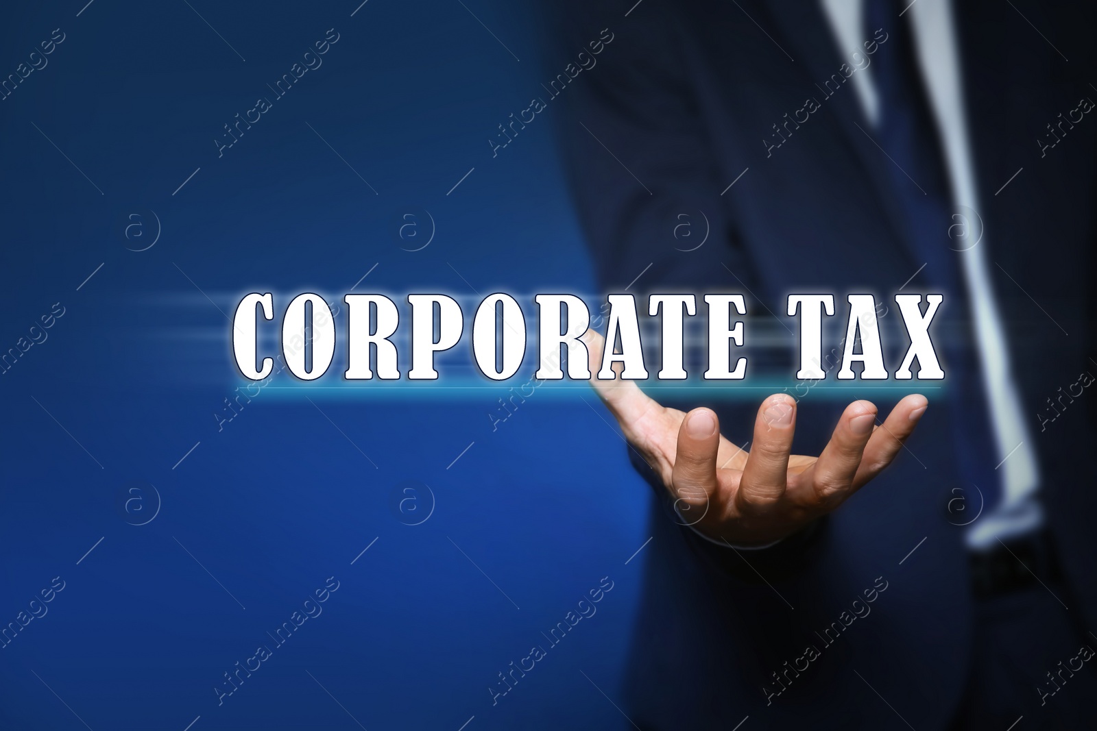 Image of Corporate tax concept. Man on color background, closeup