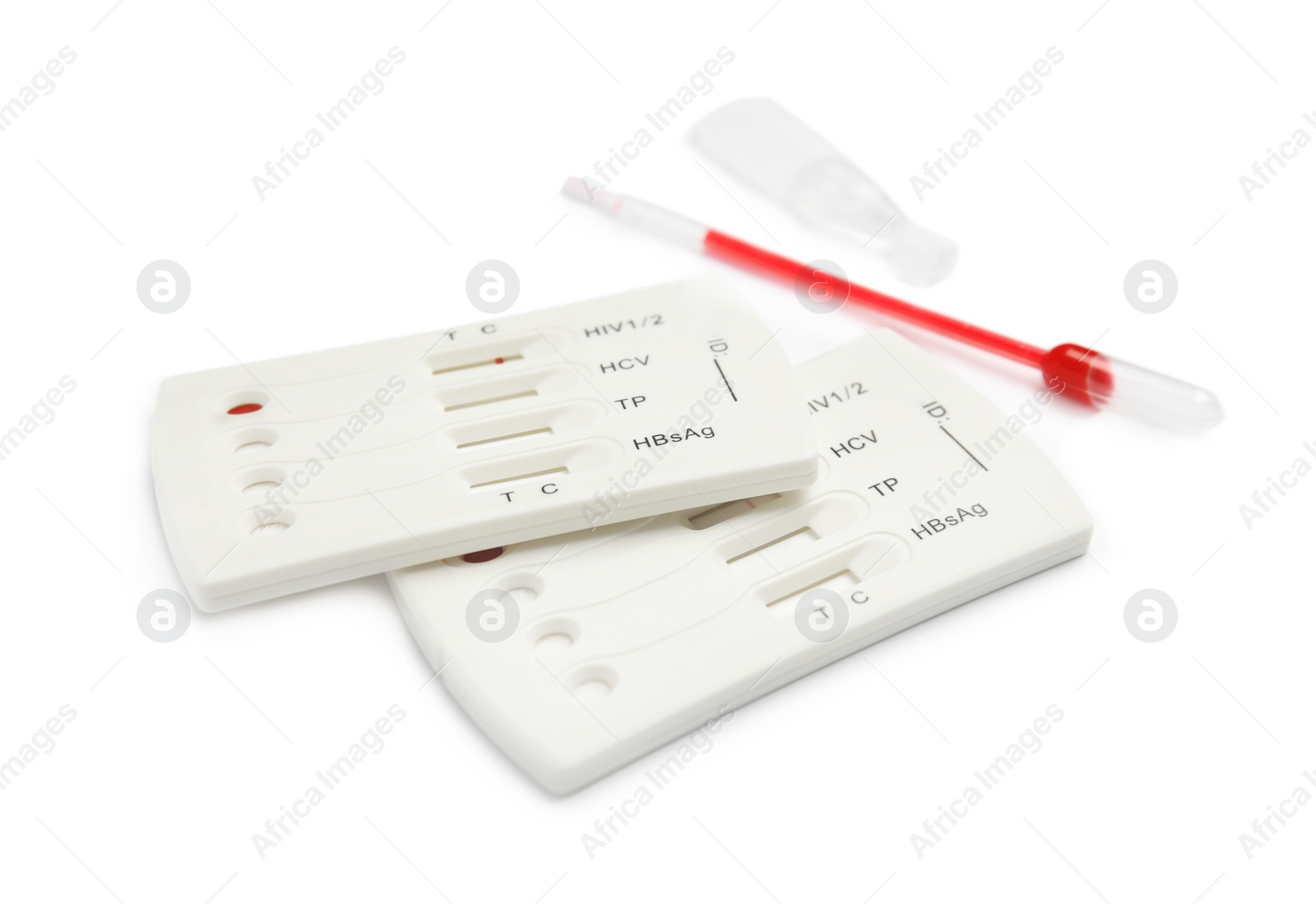 Photo of Disposable express hepatitis test kit on white background