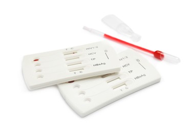 Photo of Disposable express hepatitis test kit on white background