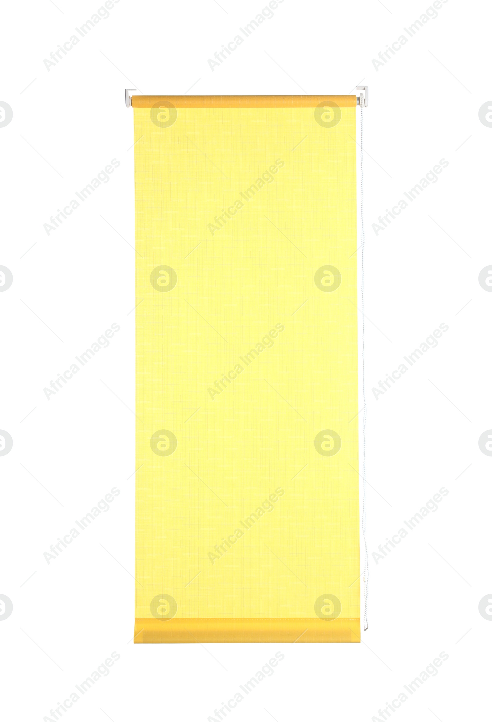 Photo of Yellow window roller blind isolated on white