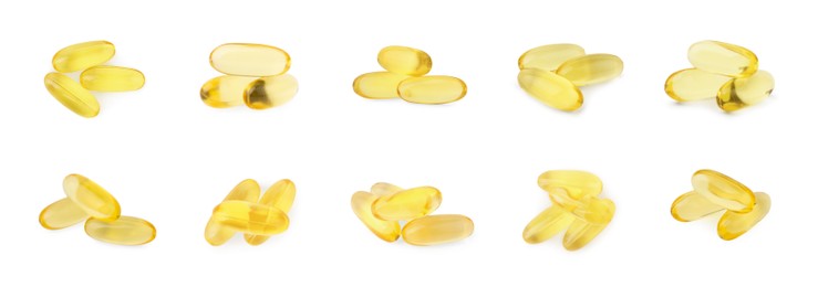 Image of Collage of vitamin pills isolated on white