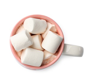 Photo of Tasty hot chocolate with marshmallows isolated on white, top view