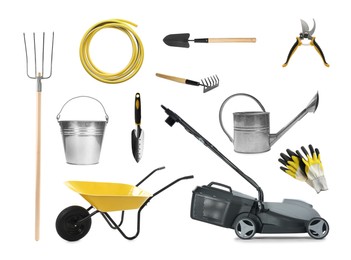 Image of Set with different gardening tools on white background