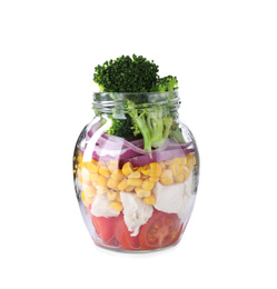 Photo of Healthy salad in glass jar isolated on white