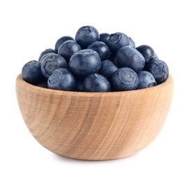 Photo of Bowl of fresh raw blueberries isolated on white
