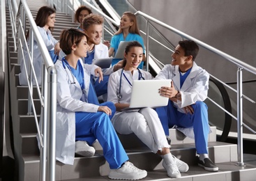 Photo of Group of medical students in college hallway