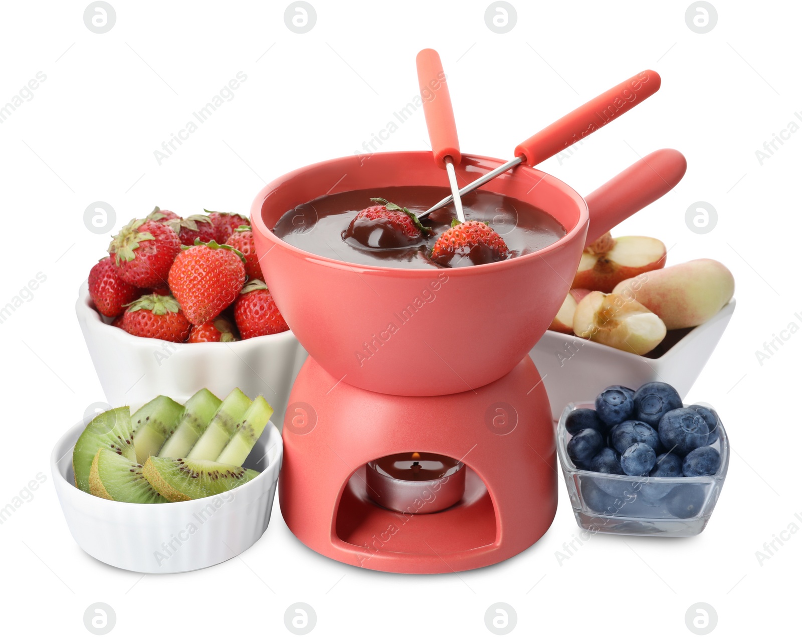 Photo of Fondue pot with chocolate and mix of fruits on white background