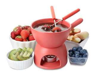 Fondue pot with chocolate and mix of fruits on white background