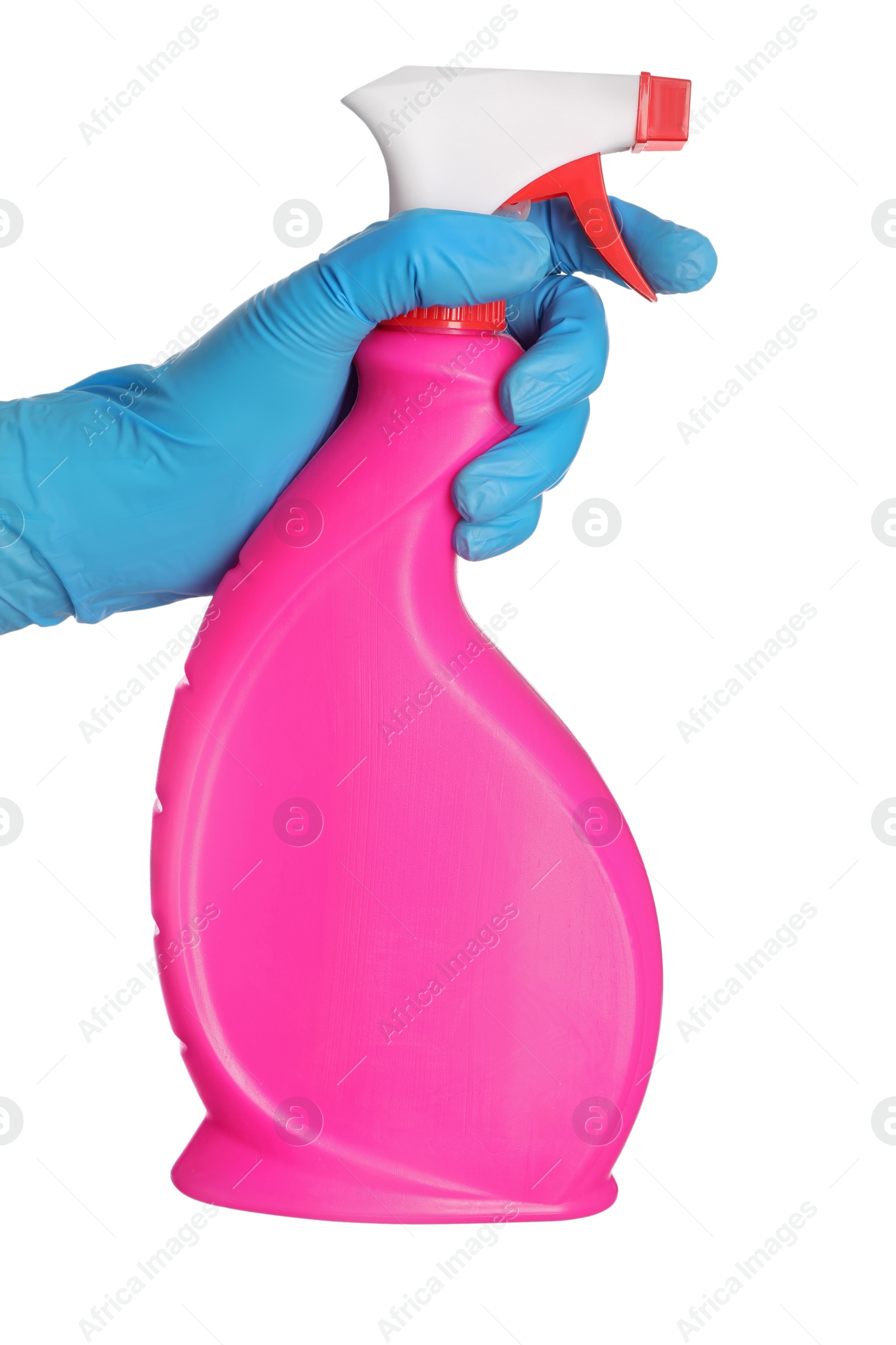 Photo of Woman holding bottle of toilet cleaner spray on white background, closeup