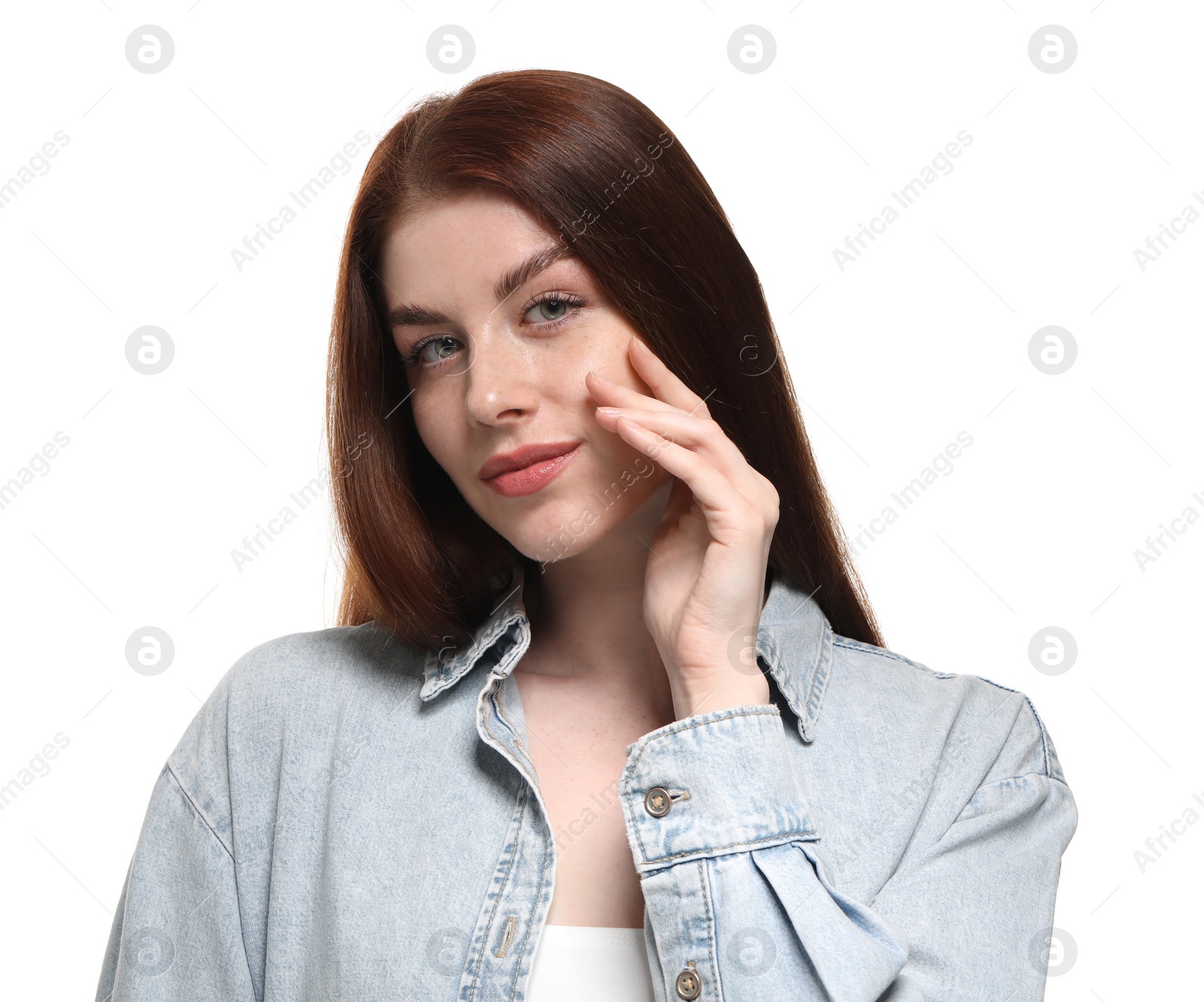 Photo of Portrait of beautiful woman with freckles on white background