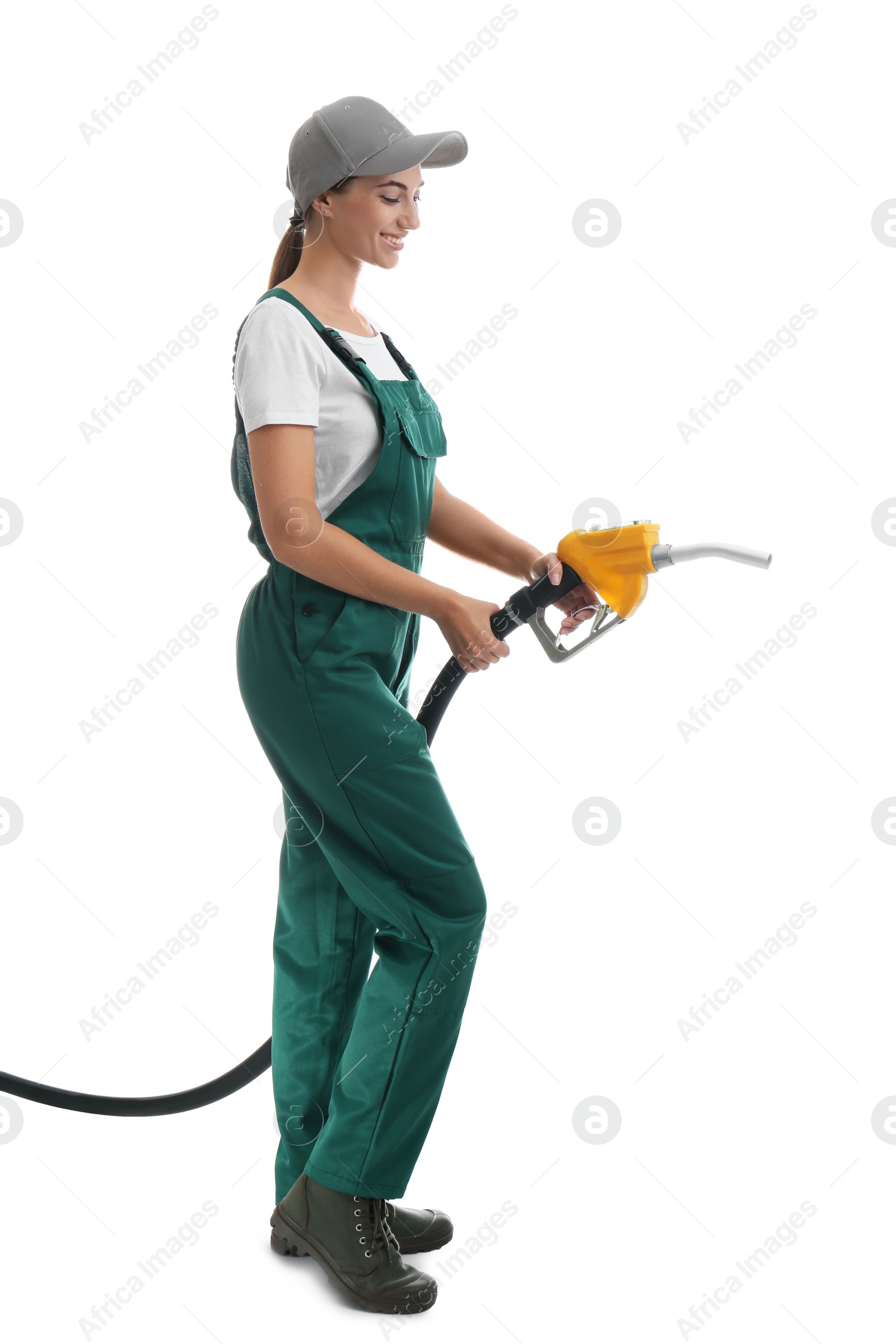 Photo of Gas station worker with fuel nozzle on white background