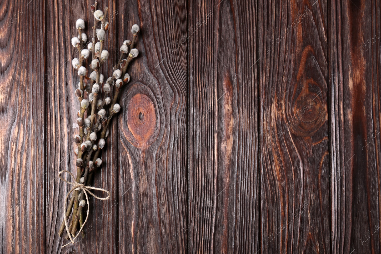 Photo of Beautiful blooming willow branches tied with twine on wooden table, top view. Space for text