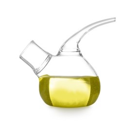 Image of Retort flask with yellow liquid isolated on white. Laboratory glassware