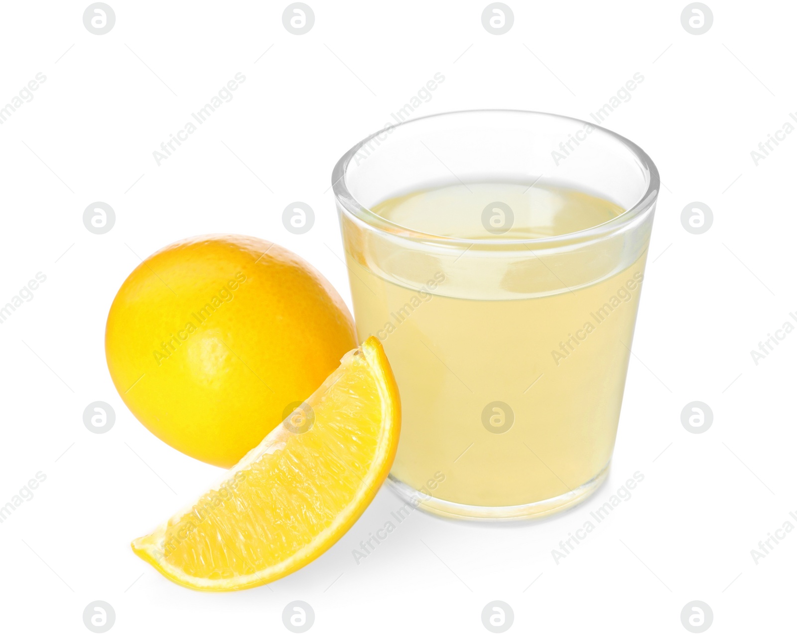 Photo of Freshly squeezed juice and lemons on white background