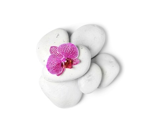 Photo of Spa stones with orchid flower on white background, top view