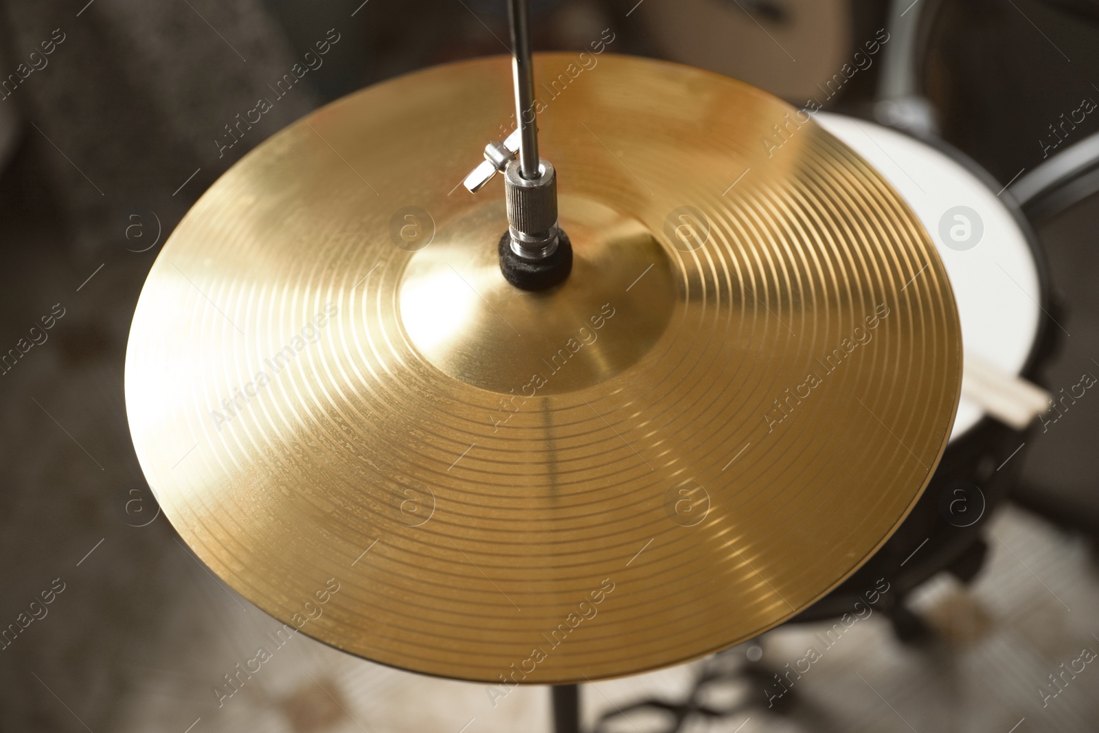 Photo of Closeup view of drum cymbal in studio