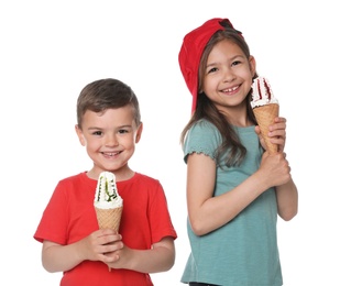 Photo of Cute little children with delicious ice creams on white background