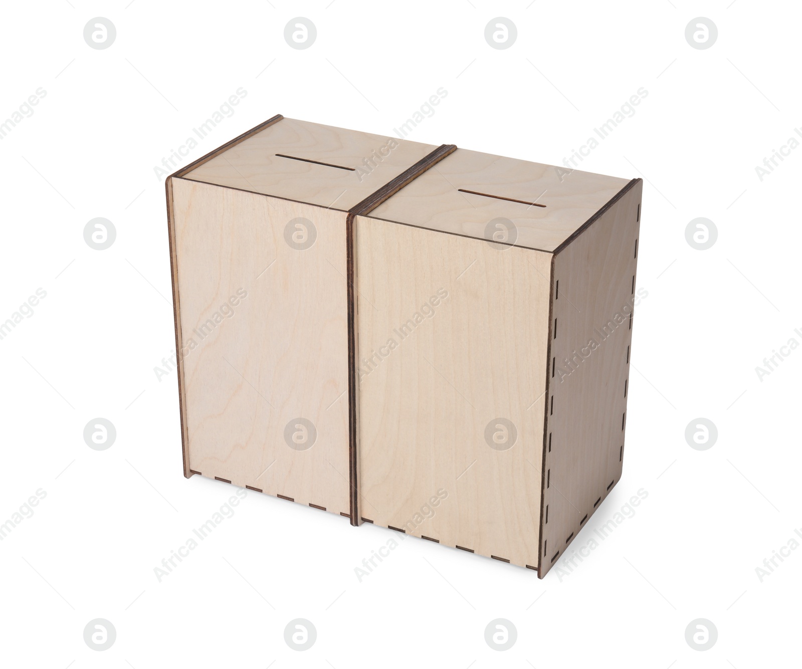 Photo of Wooden ballot boxes isolated on white. Election time