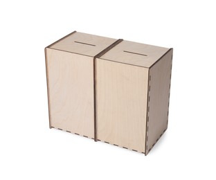 Photo of Wooden ballot boxes isolated on white. Election time