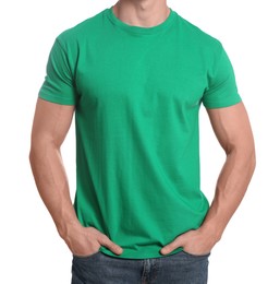 Photo of Man wearing green t-shirt on white background, closeup. Mockup for design