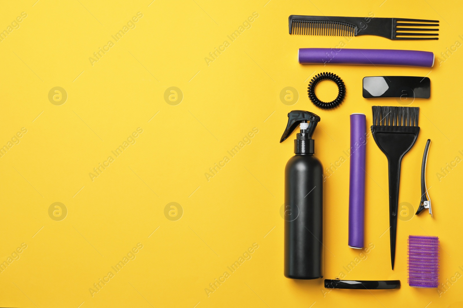 Photo of Professional hairdresser set on color background