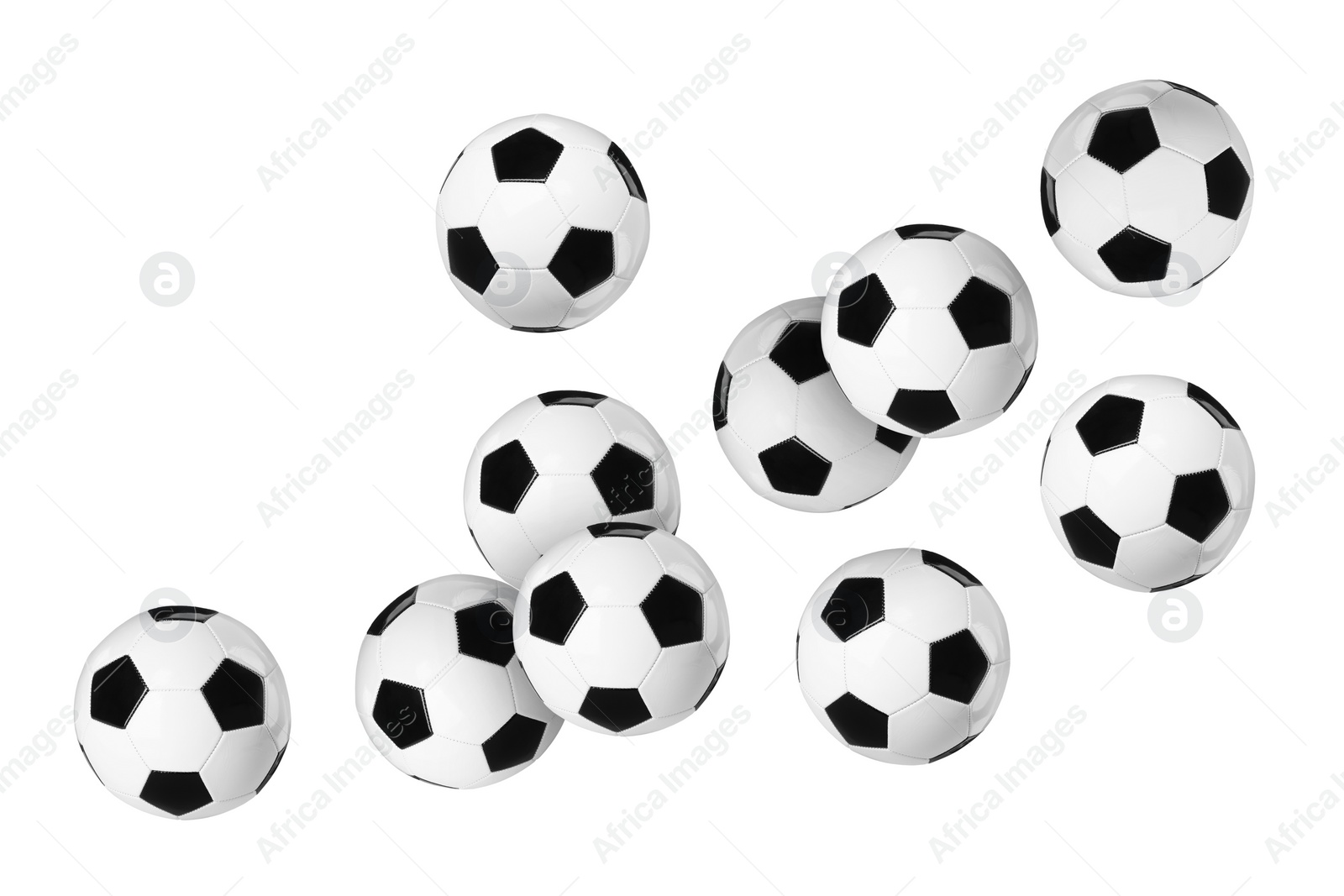 Image of Many soccer balls flying on white background