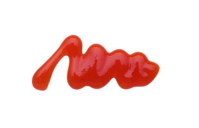 Photo of Tasty ketchup smear isolated on white, top view. Tomato sauce