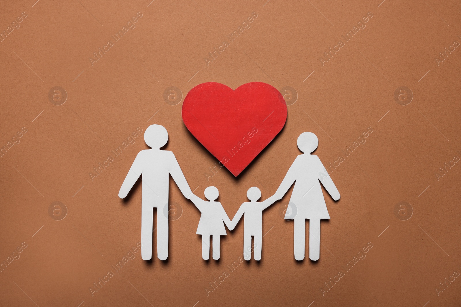 Photo of Paper family figures and red heart on brown background, flat lay. Insurance concept