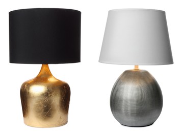 Image of Collage with different stylish night lamps on white background