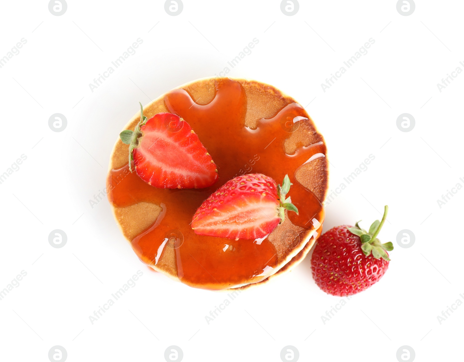 Photo of Stack of delicious pancakes with fresh strawberries and syrup on white background