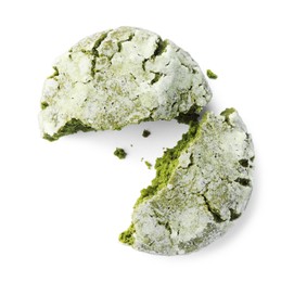 Photo of Tasty broken matcha cookie on white background, top view