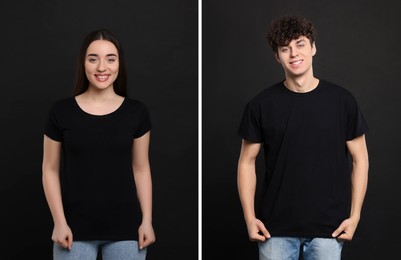 Image of People wearing black t-shirts on dark background. Mockup for design
