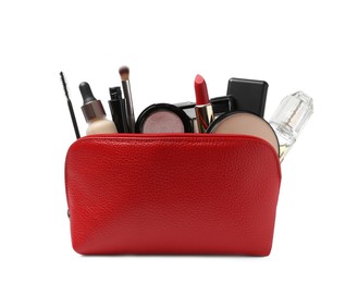 Stylish red cosmetic bag with makeup products on white background