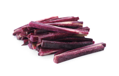 Photo of Raw purple carrot sticks isolated on white