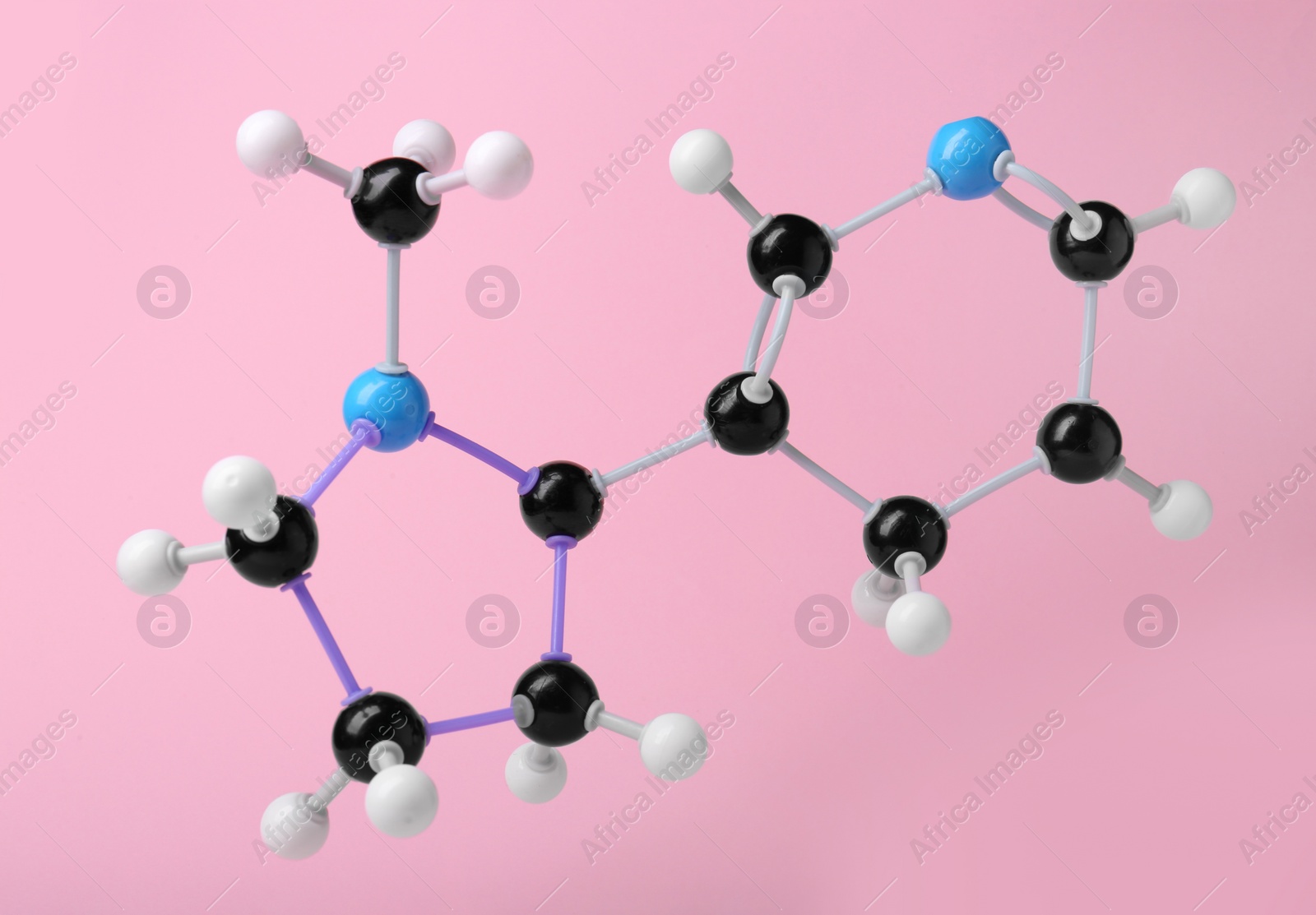 Photo of Molecule of nicotine on pink background. Chemical model