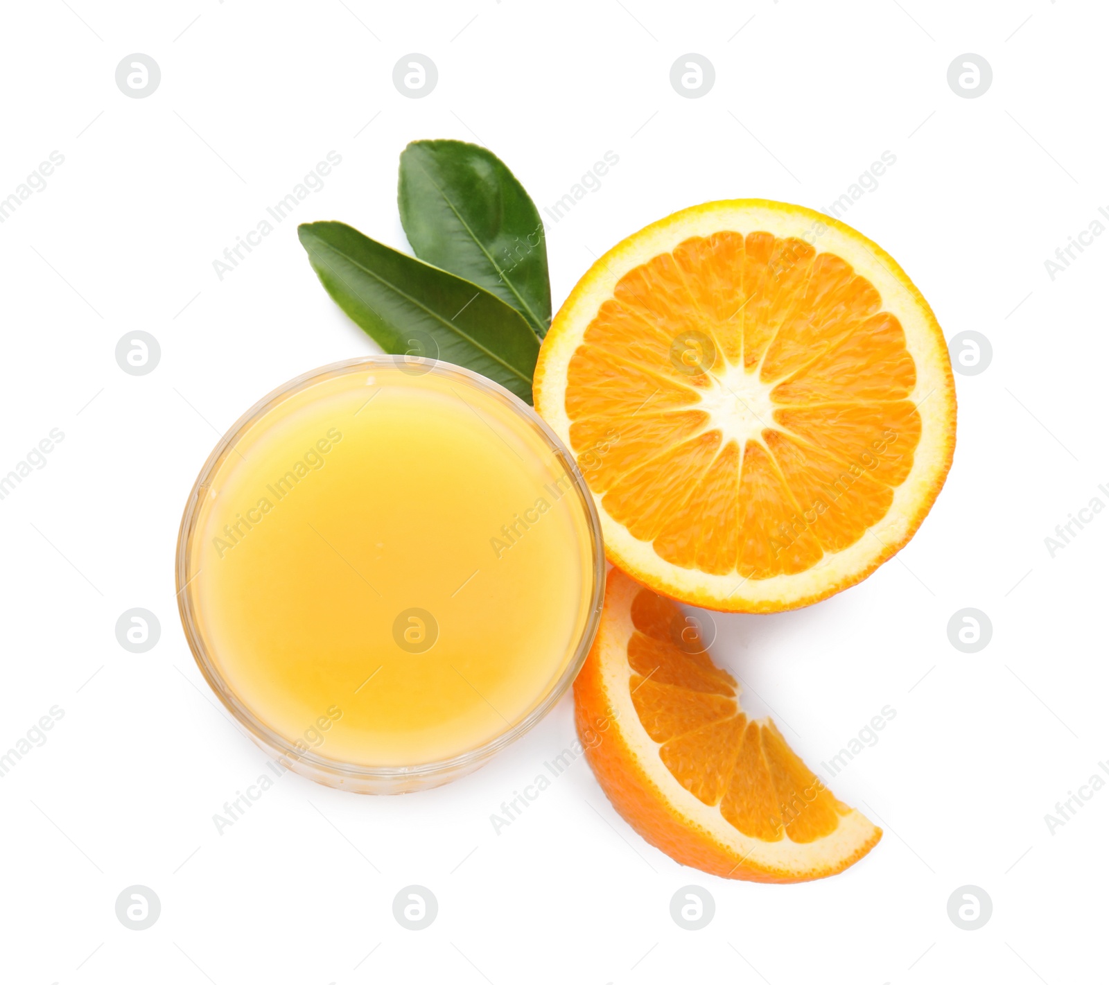 Photo of Glass with orange juice and fresh fruit on white background, top view