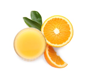 Photo of Glass with orange juice and fresh fruit on white background, top view