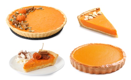 Set of tasty pumpkin pies on white background 