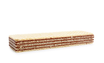 Delicious crispy wafer on white background. Sweet food