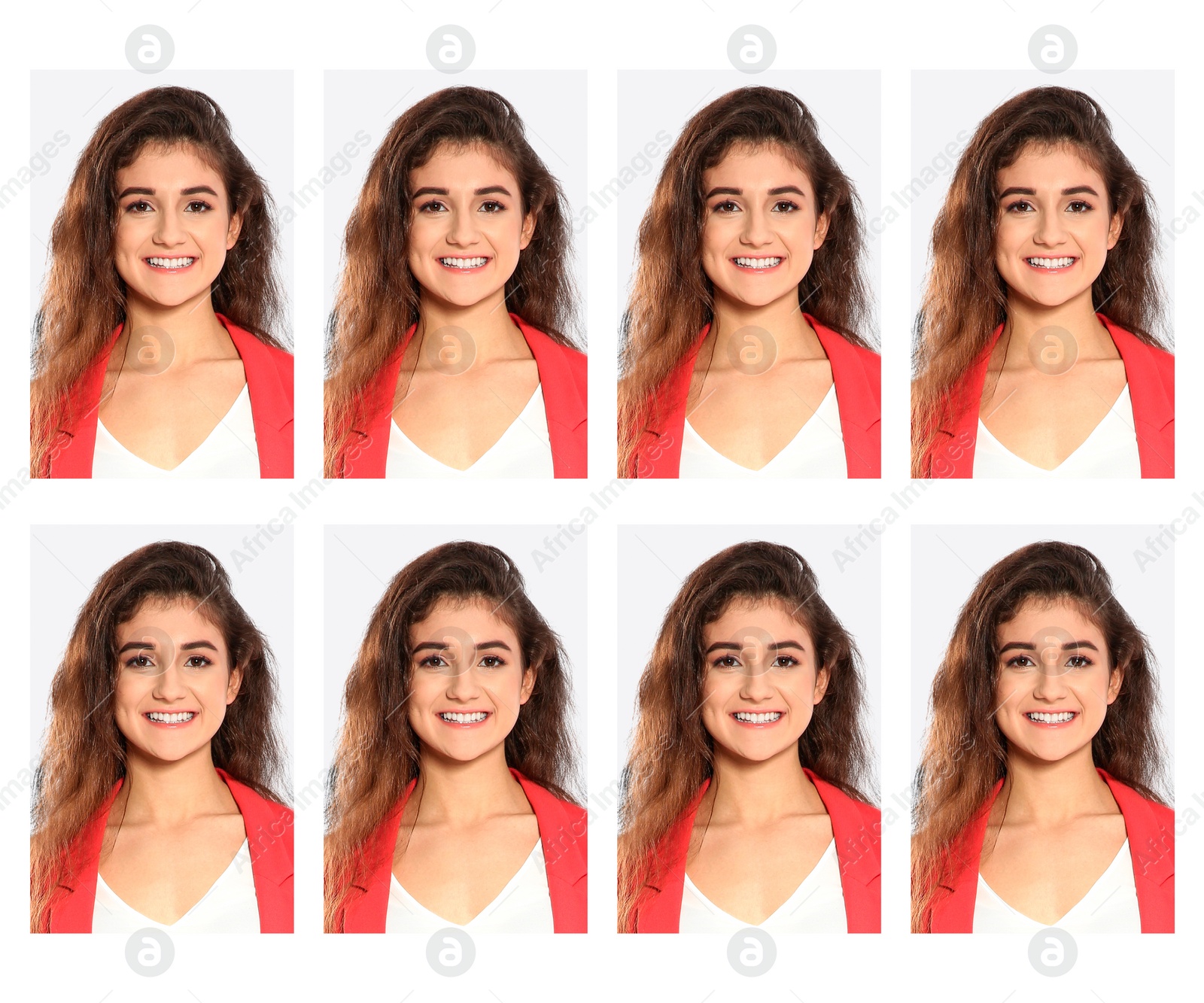 Image of Passport photo, collage. Woman on white background, set of photos