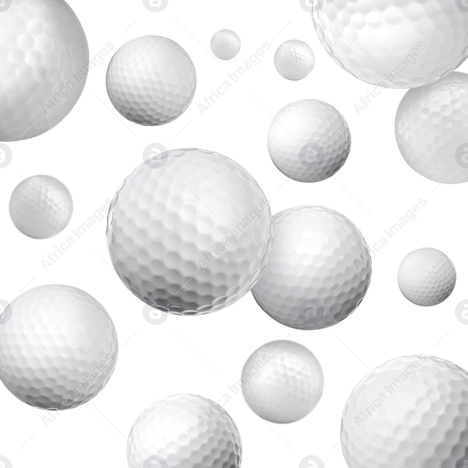Image of Many golf balls falling on white background