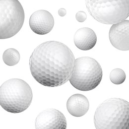 Many golf balls falling on white background