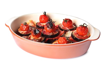 Photo of Baked eggplant with tomatoes and cheese in dishware isolated on white