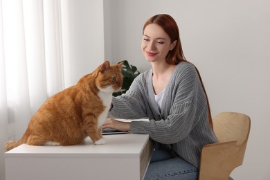 Photo of Woman working with laptop at desk. Cute cat sitting near owner at home